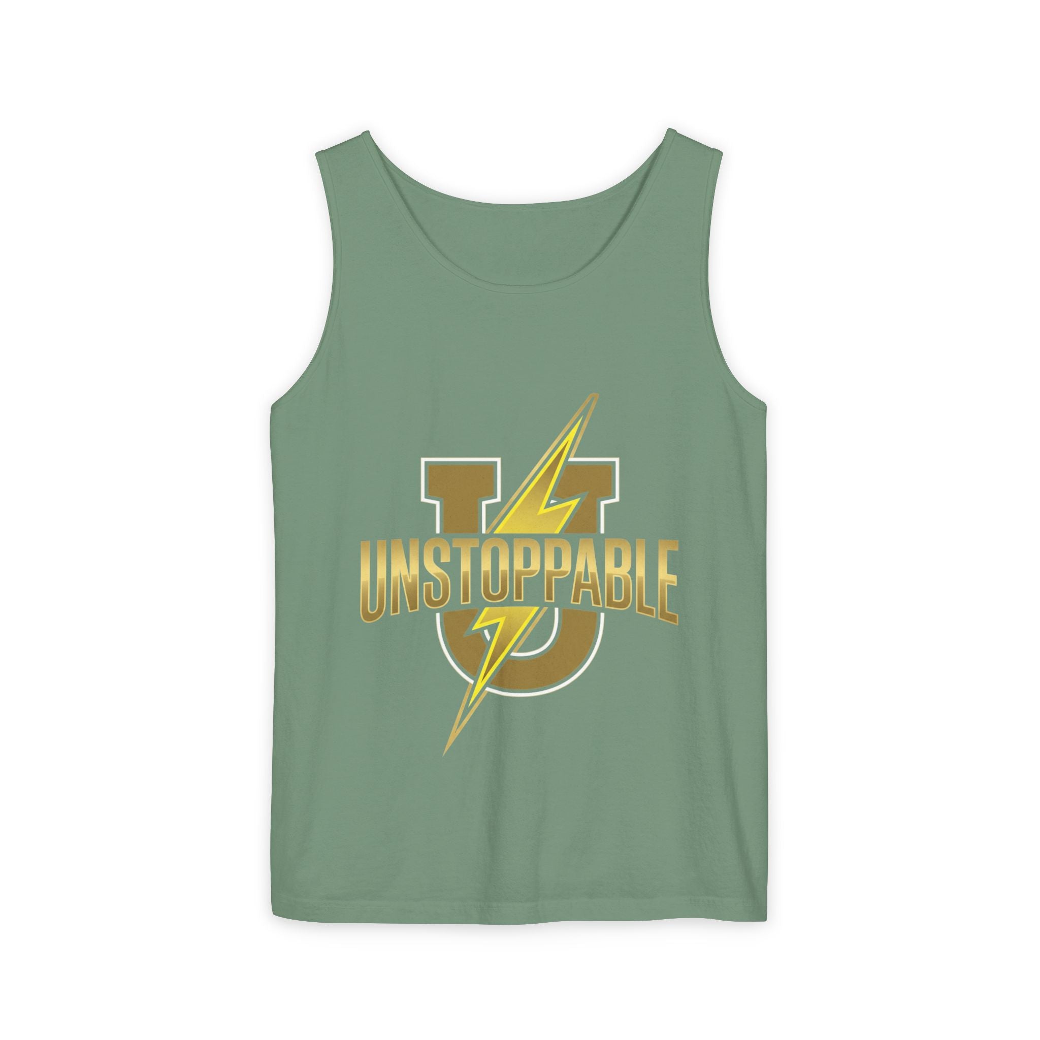Unstoppable Lightning Tank Top — Gold 'UNSTOPPABLE' Garment-Dyed Tank
