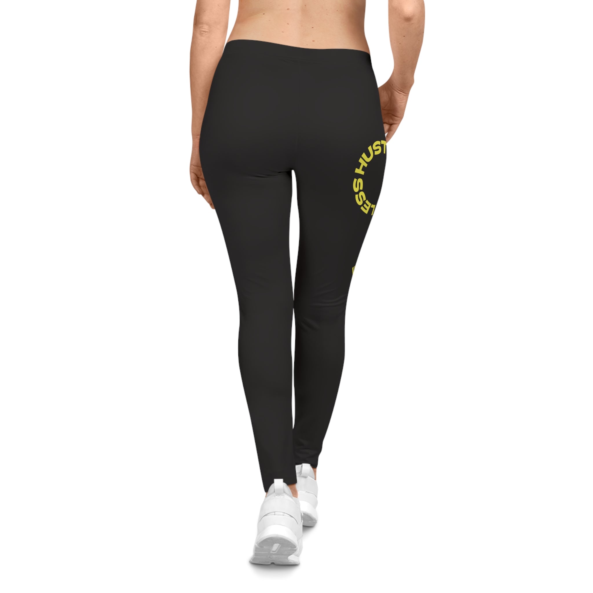 Coffee Hustle Leggings — Women's Black Casual Activewear with Yellow 'More Coffee, Less Hustle' Accent
