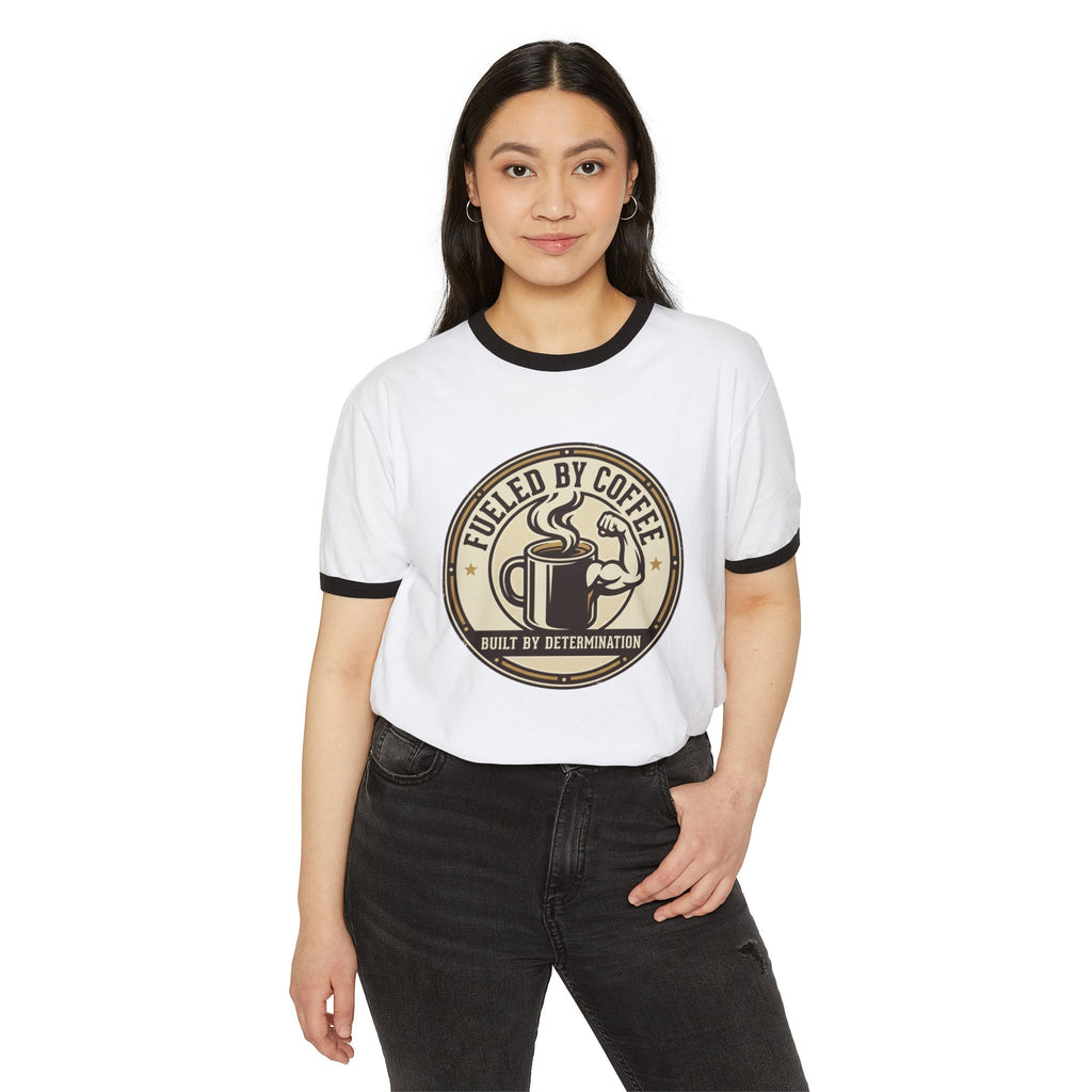 Ringer T-Shirt — "Fueled by Coffee, Built by Determination" Vintage Coffee Tee