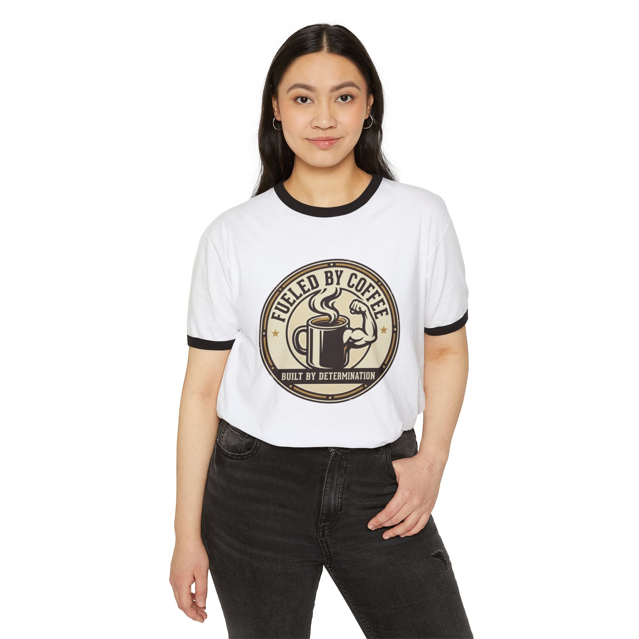 Ringer T-Shirt — "Fueled by Coffee, Built by Determination" Vintage Coffee Tee