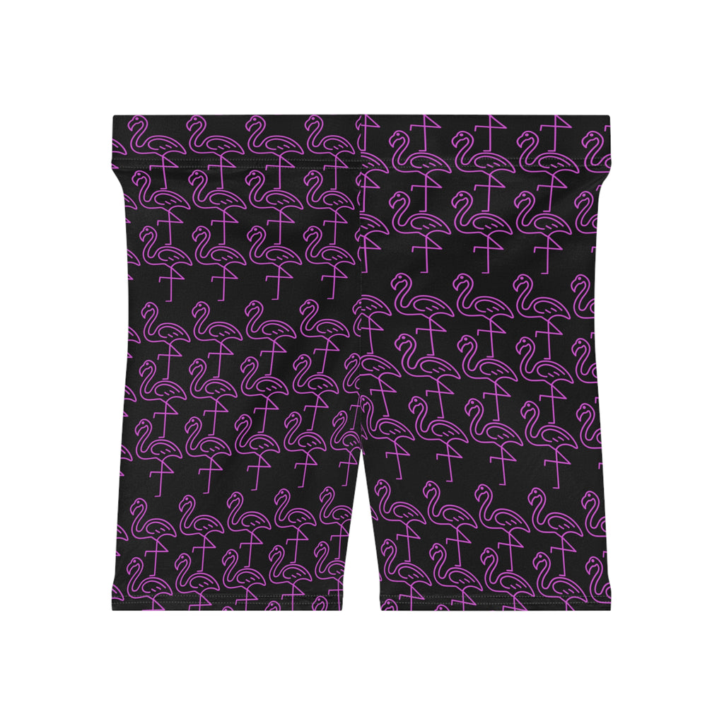 Purple Neon Flamingo Biker Shorts — Women's Patterned Activewear