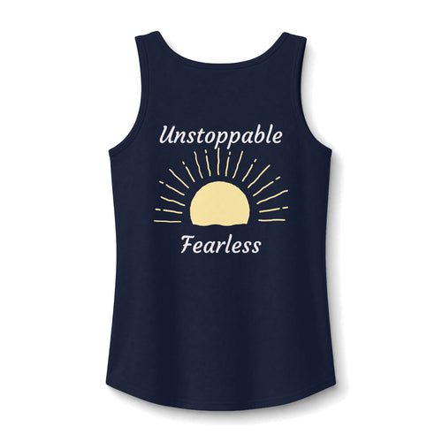 A navy blue sleeveless tank top with a graphic on the front featuring a yellow sun and the words 'Unstoppable Fearless' in white, displayed against a plain white background.