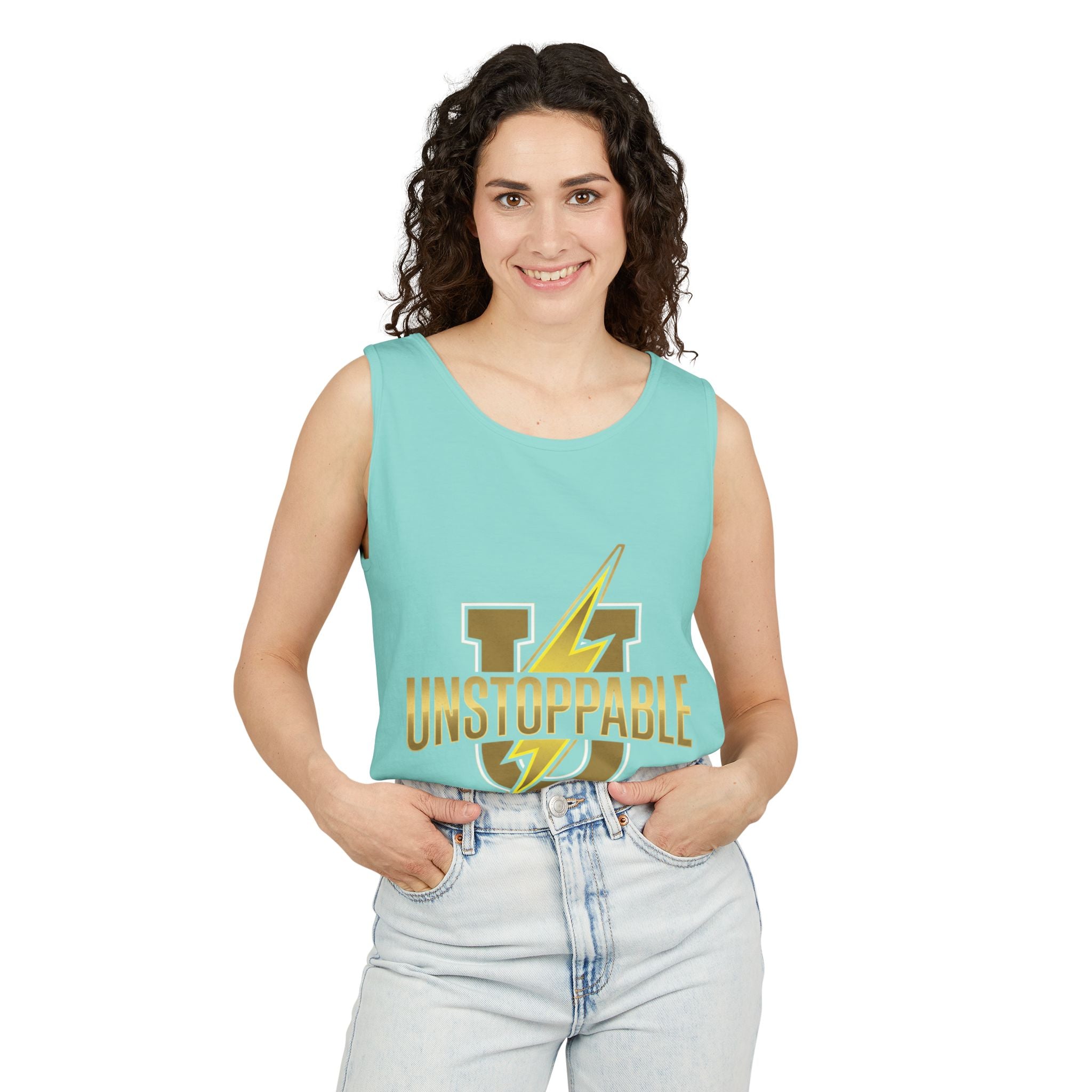 Unstoppable Lightning Tank Top — Gold 'UNSTOPPABLE' Garment-Dyed Tank
