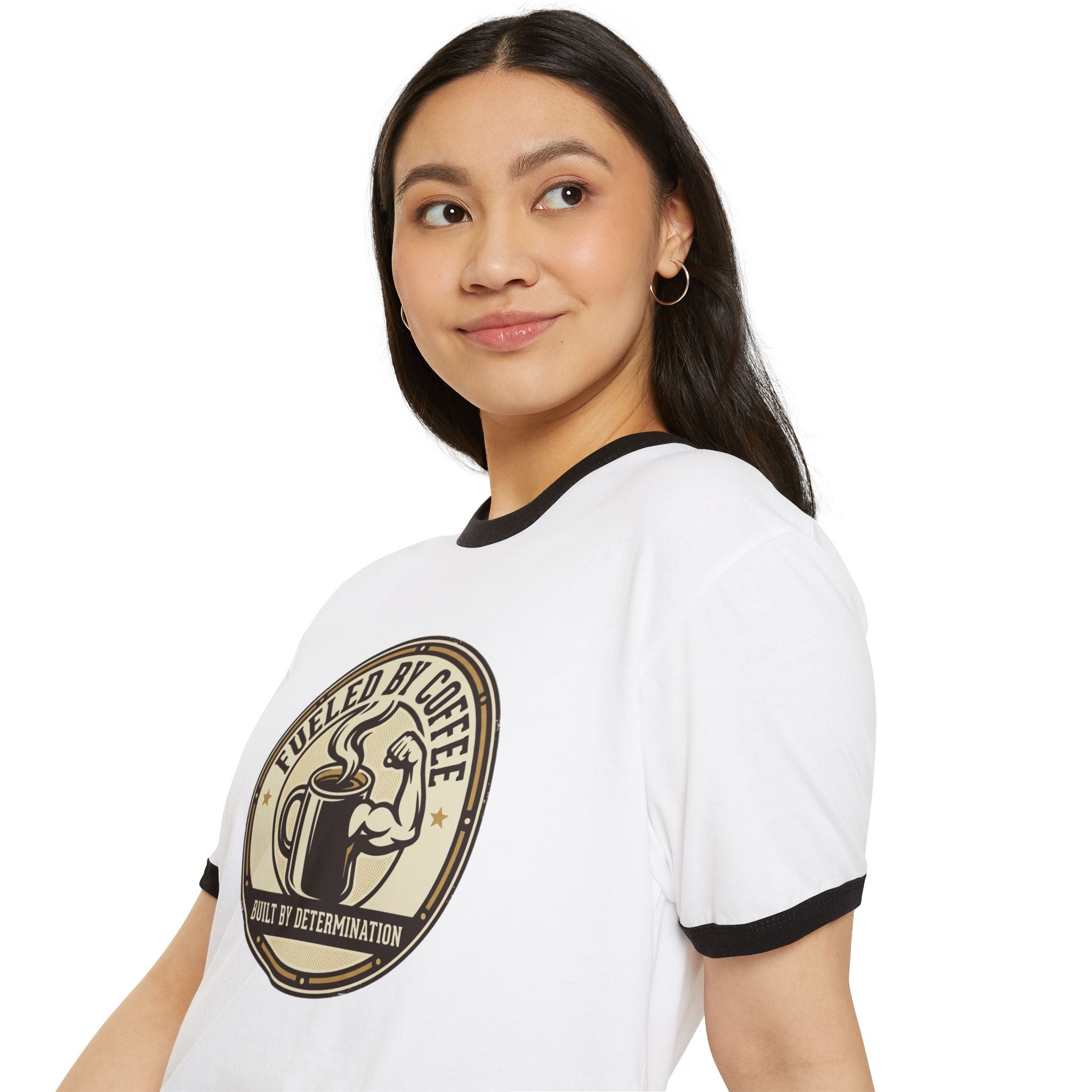 Ringer T-Shirt — "Fueled by Coffee, Built by Determination" Vintage Coffee Tee