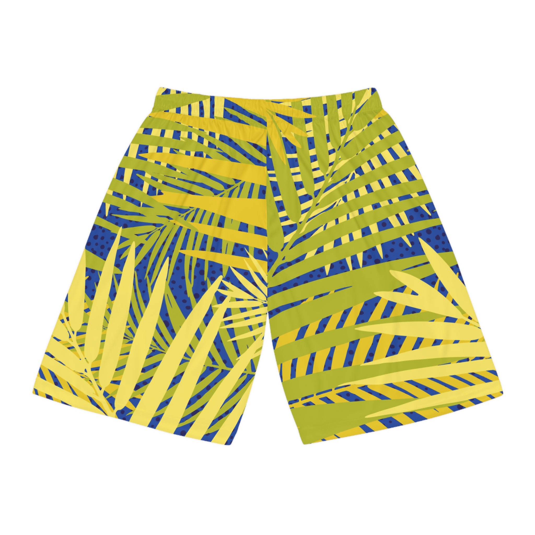 Tropical Palm Basketball Shorts — Yellow & Blue All-Over Print