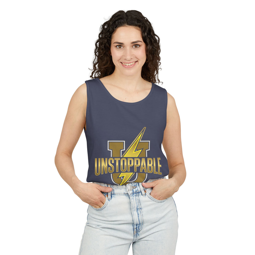 Unstoppable Lightning Tank Top — Gold 'UNSTOPPABLE' Garment-Dyed Tank
