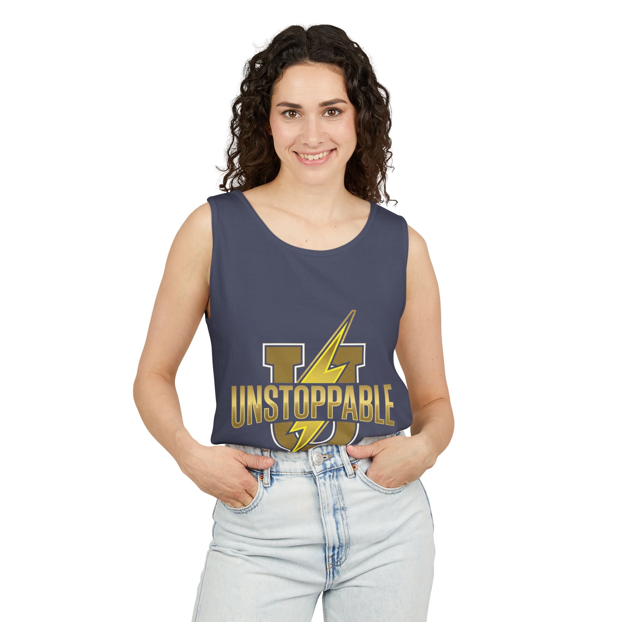 Unstoppable Lightning Tank Top — Gold 'UNSTOPPABLE' Garment-Dyed Tank