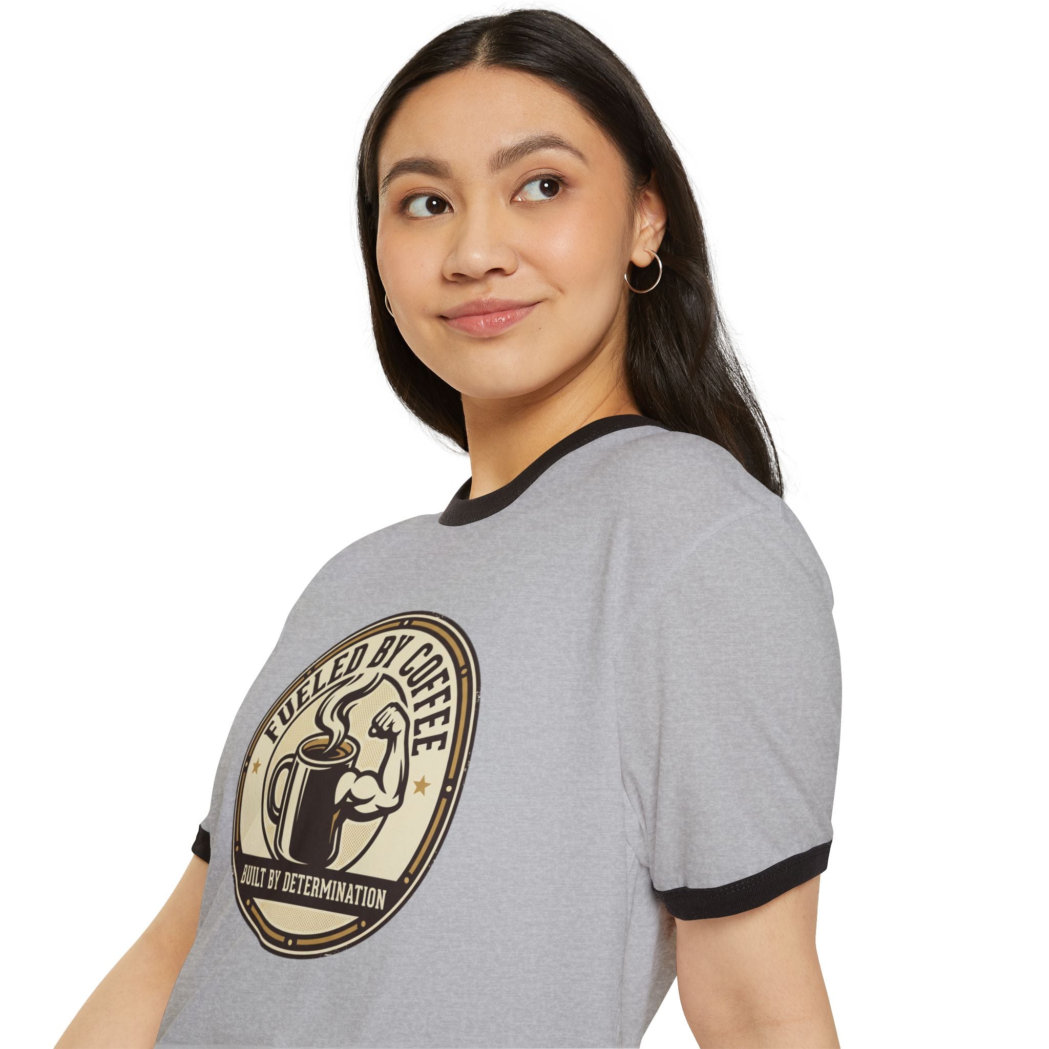 Ringer T-Shirt — "Fueled by Coffee, Built by Determination" Vintage Coffee Tee
