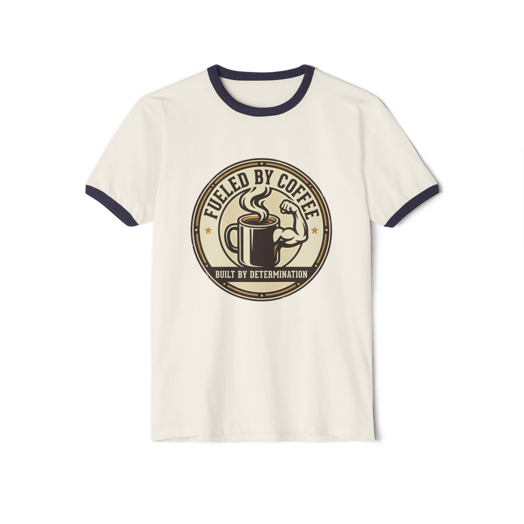Ringer T-Shirt — "Fueled by Coffee, Built by Determination" Vintage Coffee Tee