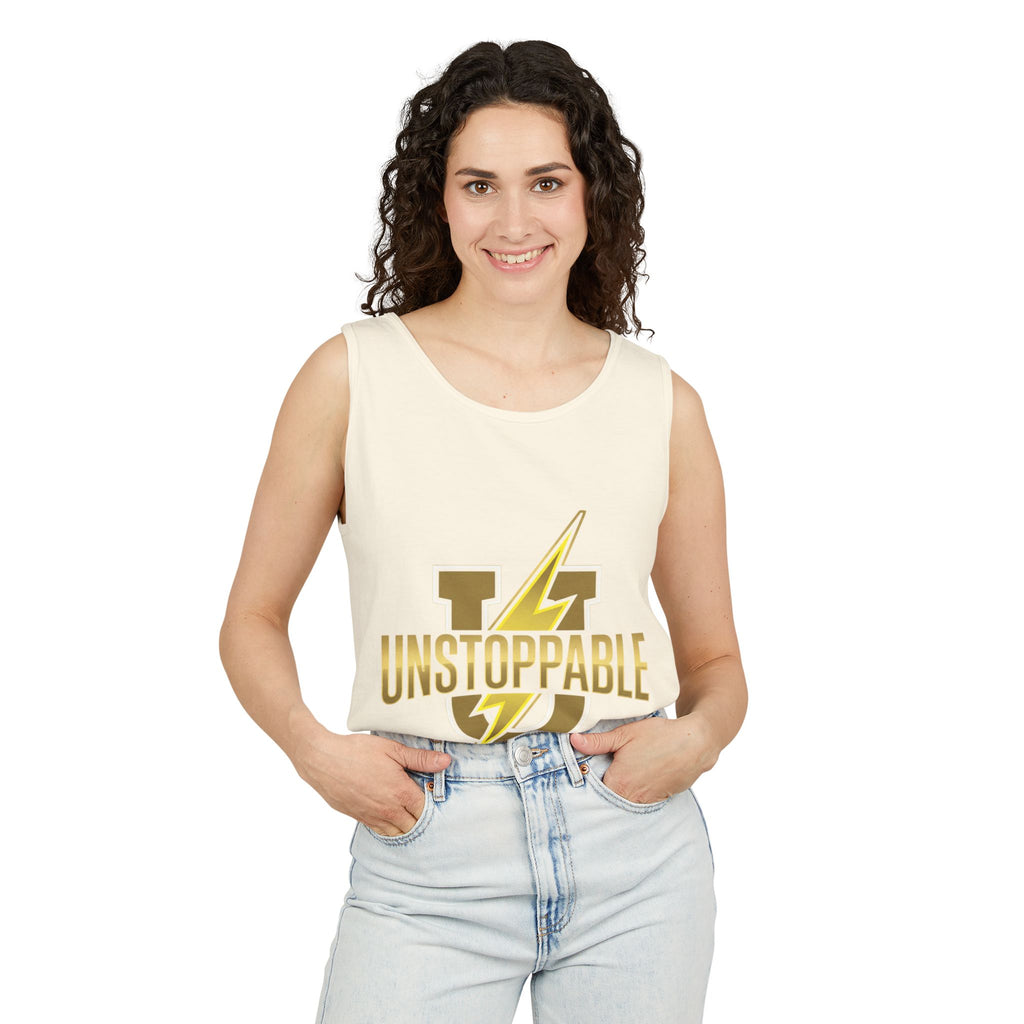 Unstoppable Lightning Tank Top — Gold 'UNSTOPPABLE' Garment-Dyed Tank