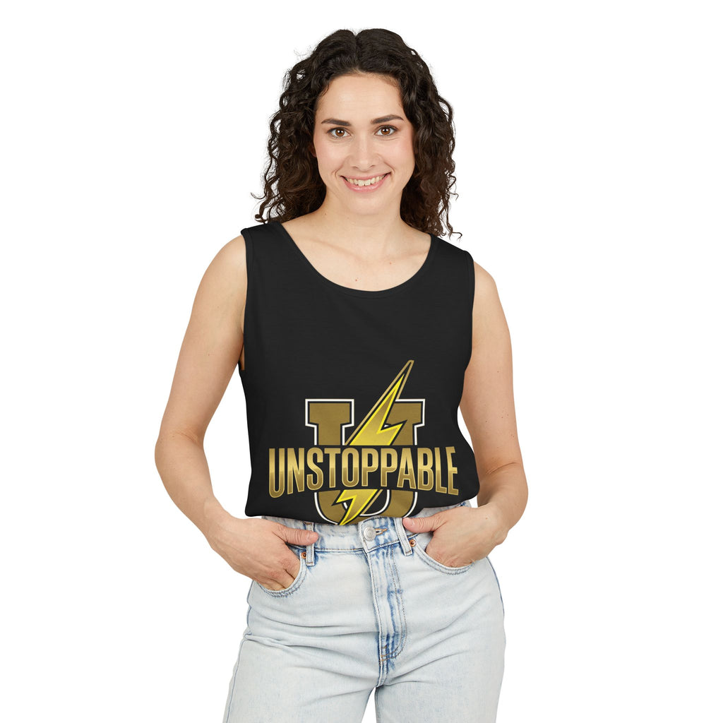 Unstoppable Lightning Tank Top — Gold 'UNSTOPPABLE' Garment-Dyed Tank