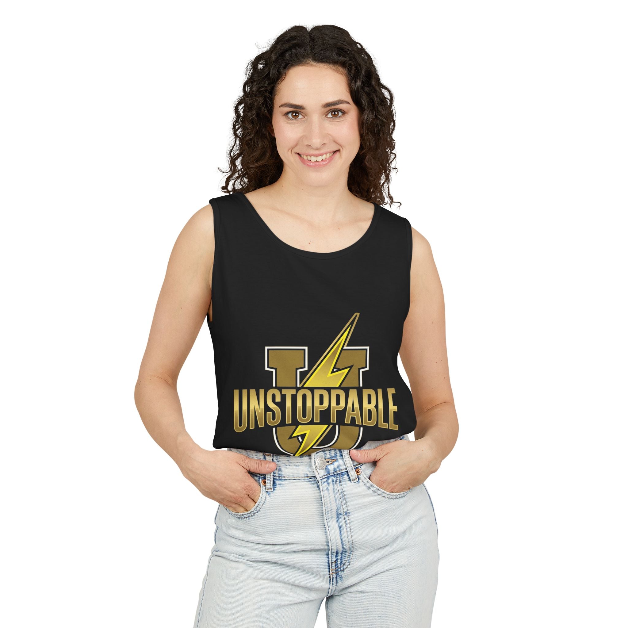 Unstoppable Lightning Tank Top — Gold 'UNSTOPPABLE' Garment-Dyed Tank