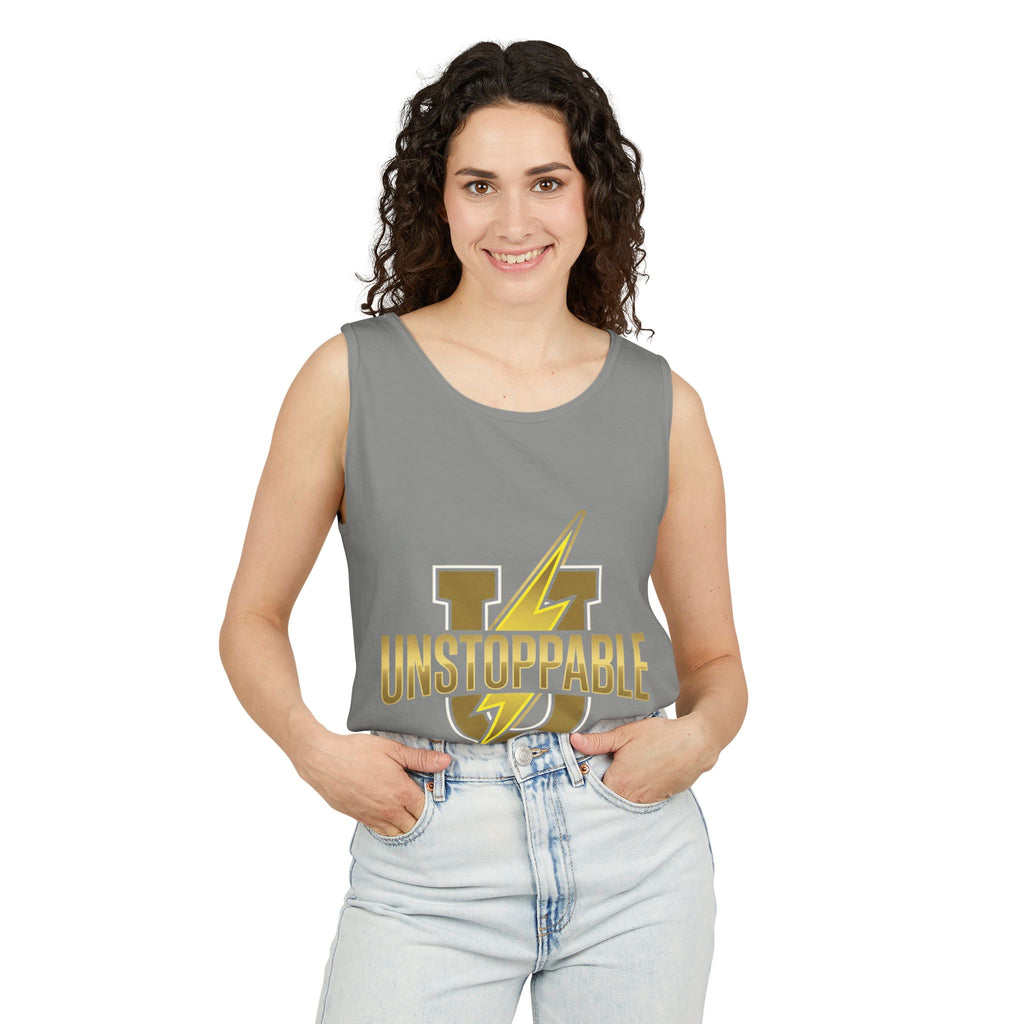 Unstoppable Lightning Tank Top — Gold 'UNSTOPPABLE' Garment-Dyed Tank