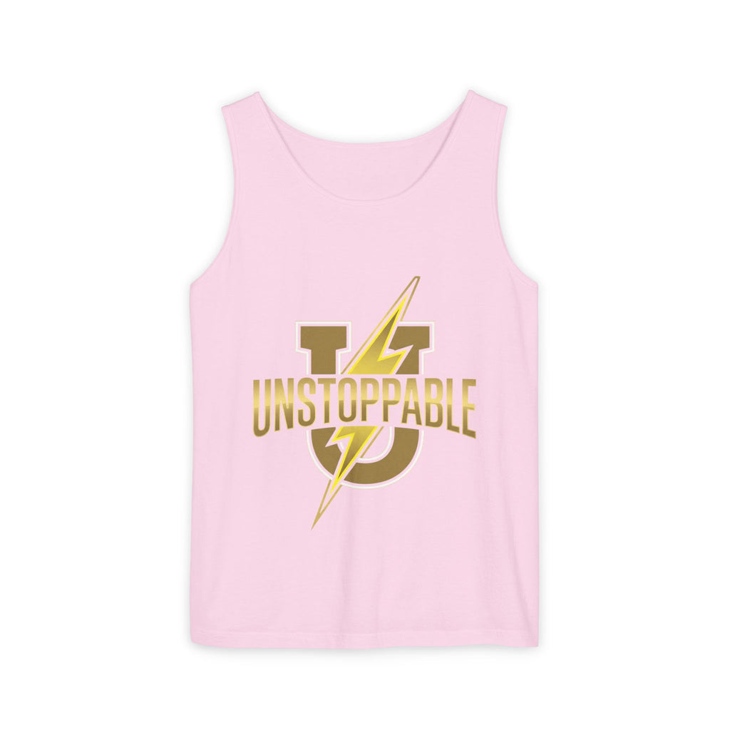 Unstoppable Lightning Tank Top — Gold 'UNSTOPPABLE' Garment-Dyed Tank