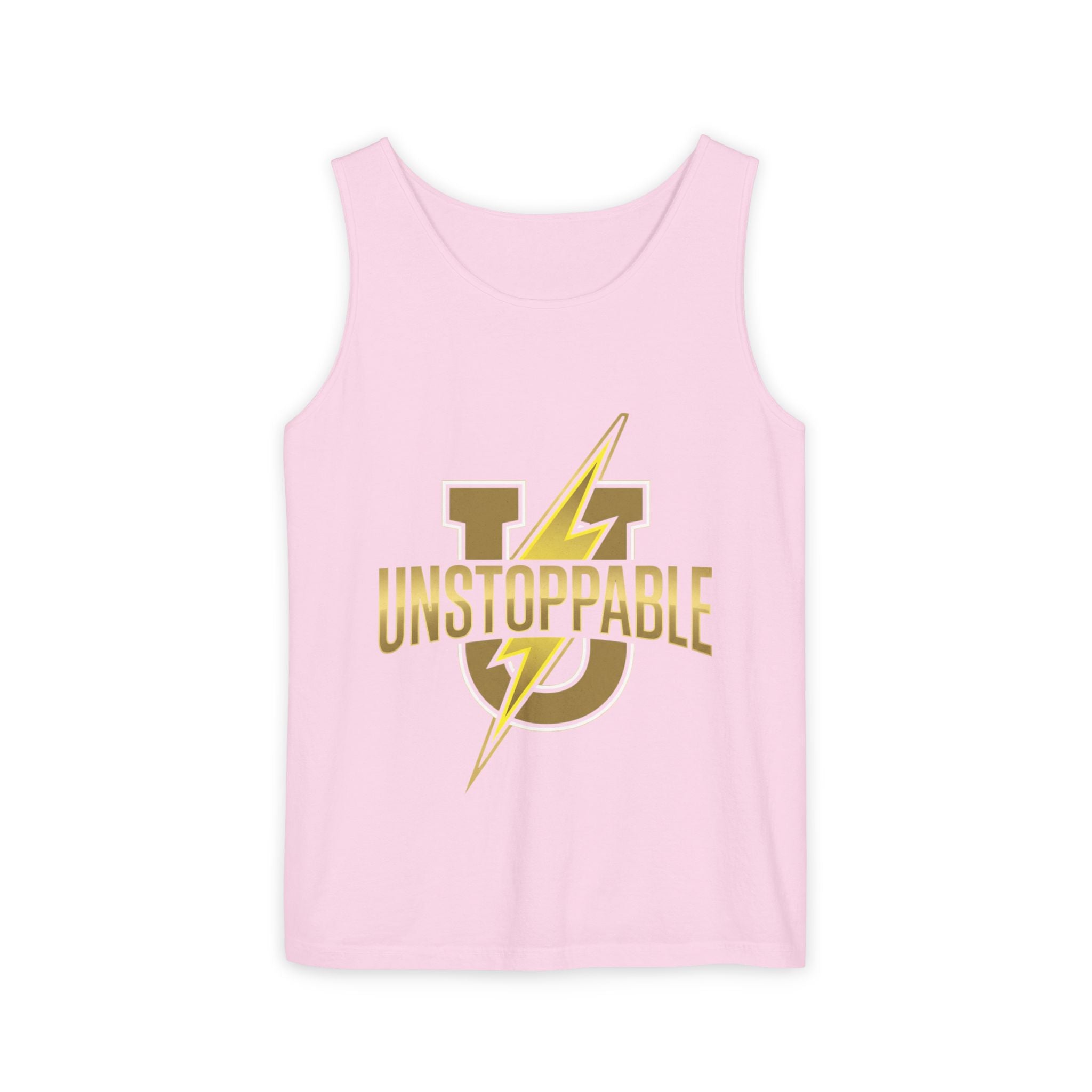 Unstoppable Lightning Tank Top — Gold 'UNSTOPPABLE' Garment-Dyed Tank