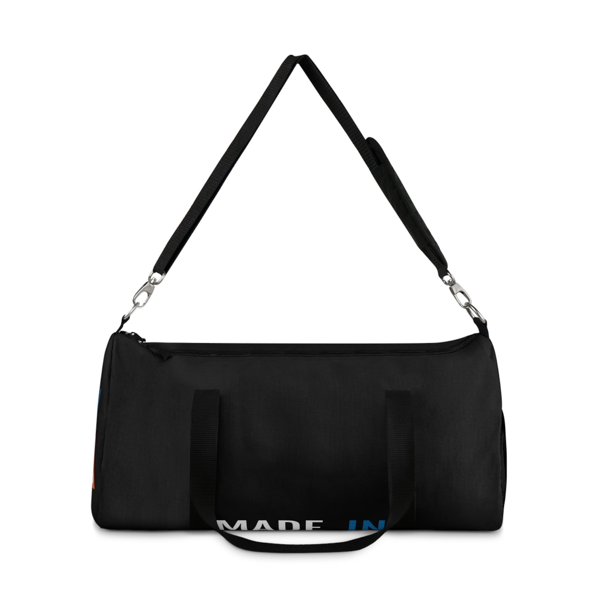 Made In [Place] Black Athletic Duffel Bag — Spacious Weekender Gym Travel Tote