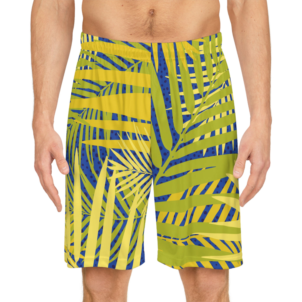 Tropical Palm Basketball Shorts — Yellow & Blue All-Over Print