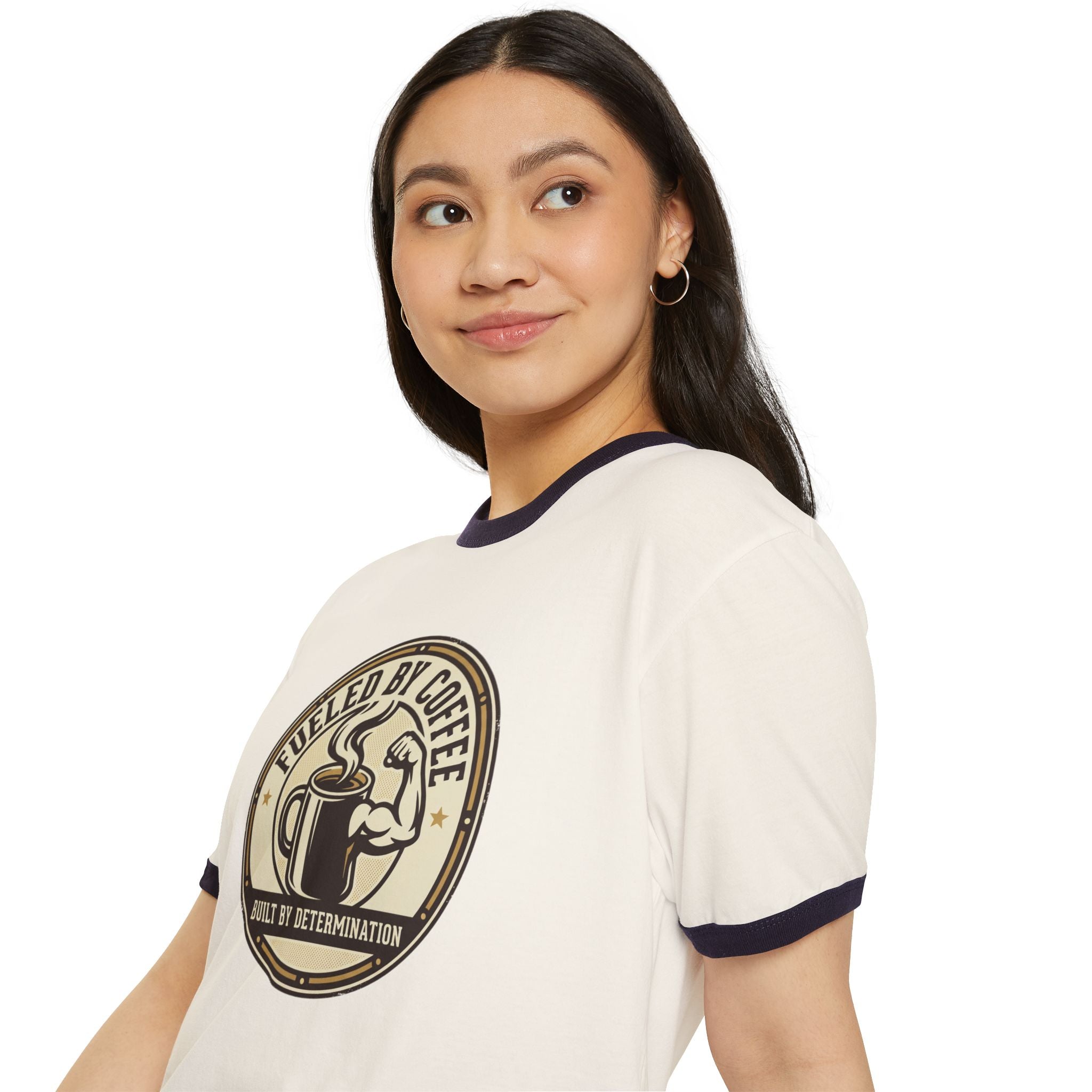 Ringer T-Shirt — "Fueled by Coffee, Built by Determination" Vintage Coffee Tee