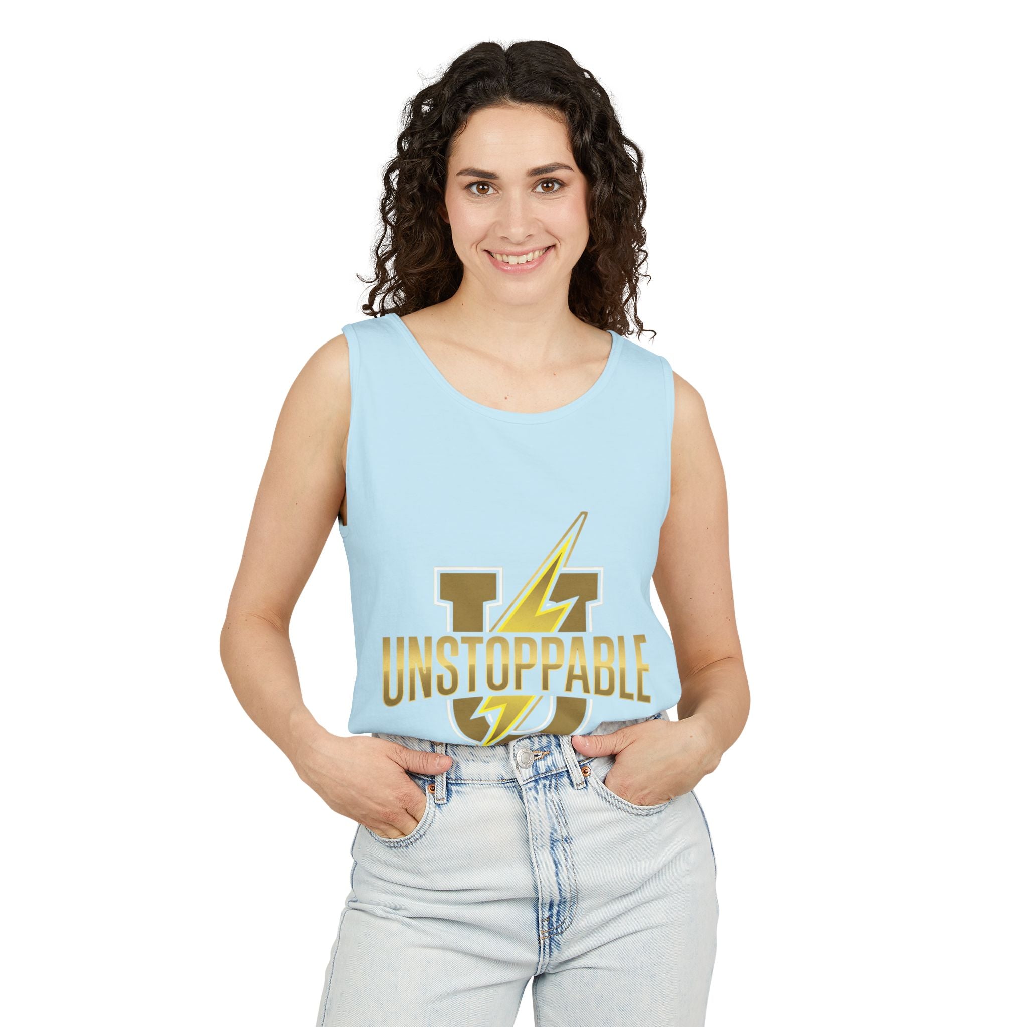 Unstoppable Lightning Tank Top — Gold 'UNSTOPPABLE' Garment-Dyed Tank