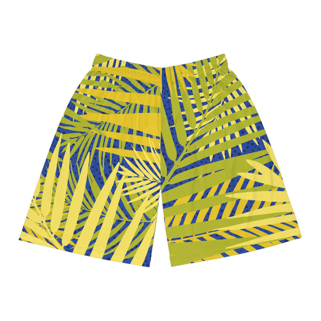 Tropical Palm Basketball Shorts — Yellow & Blue All-Over Print