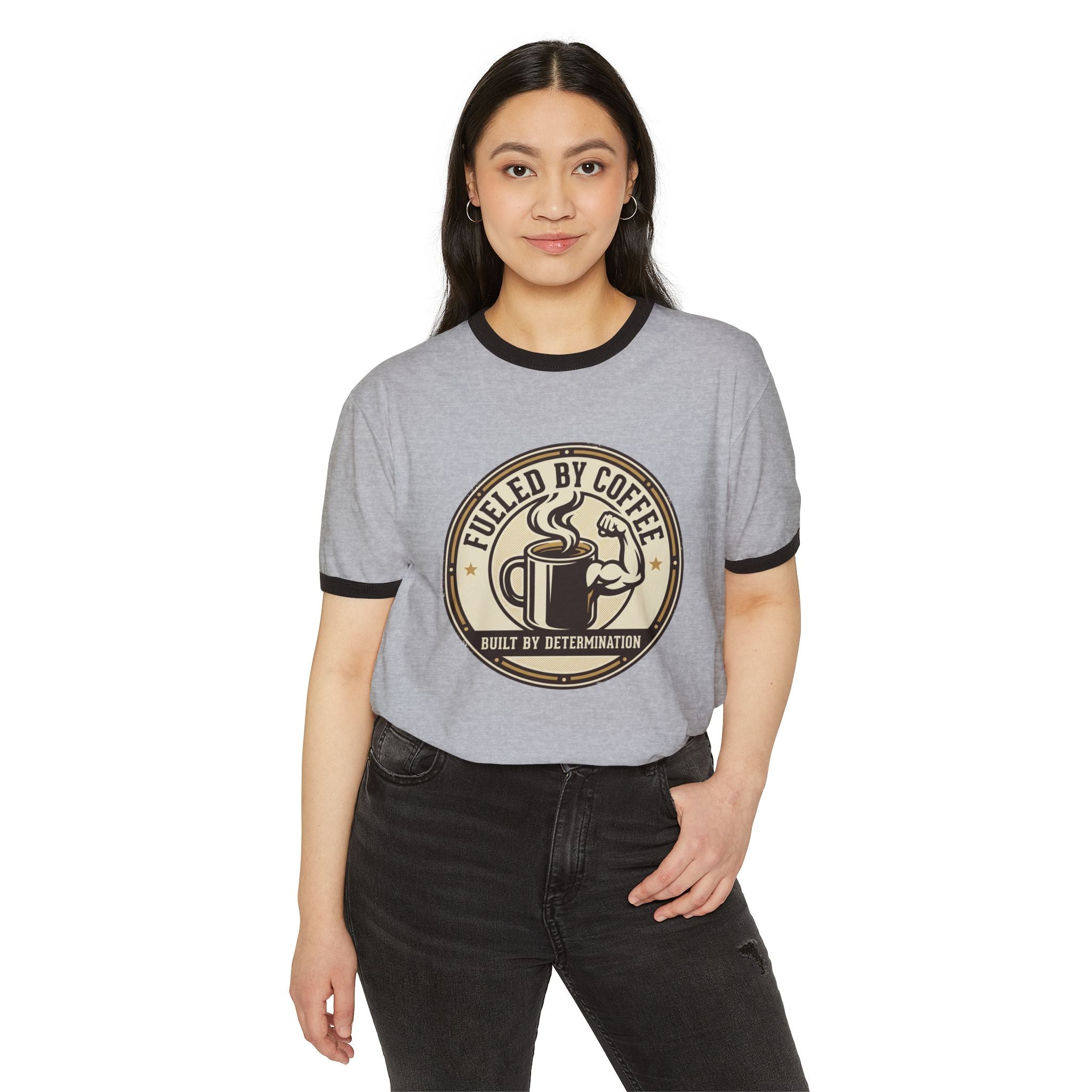Ringer T-Shirt — "Fueled by Coffee, Built by Determination" Vintage Coffee Tee