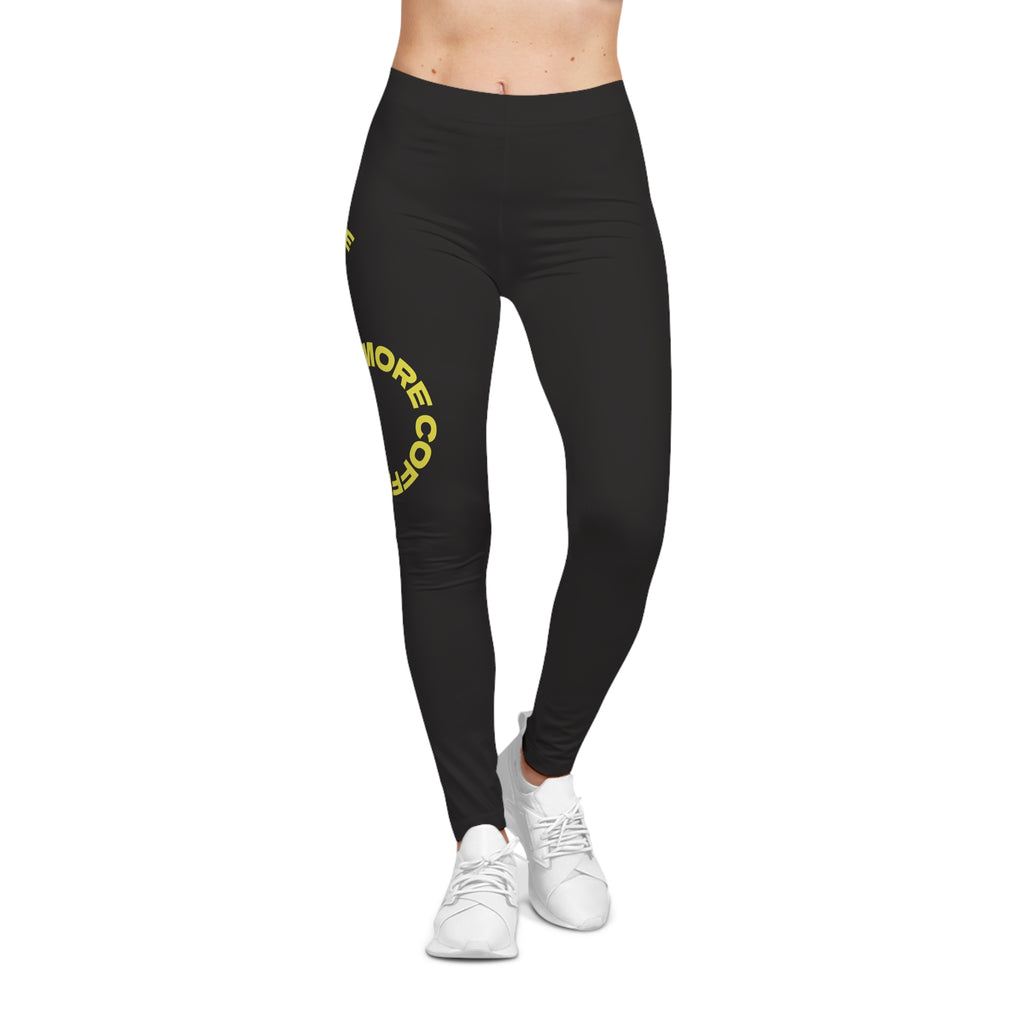 Coffee Hustle Leggings — Women's Black Casual Activewear with Yellow 'More Coffee, Less Hustle' Accent