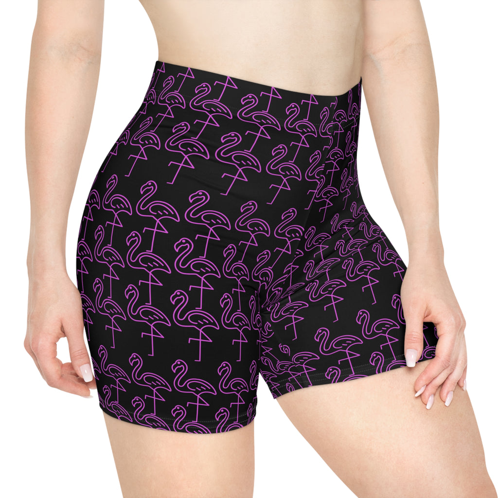 Purple Neon Flamingo Biker Shorts — Women's Patterned Activewear