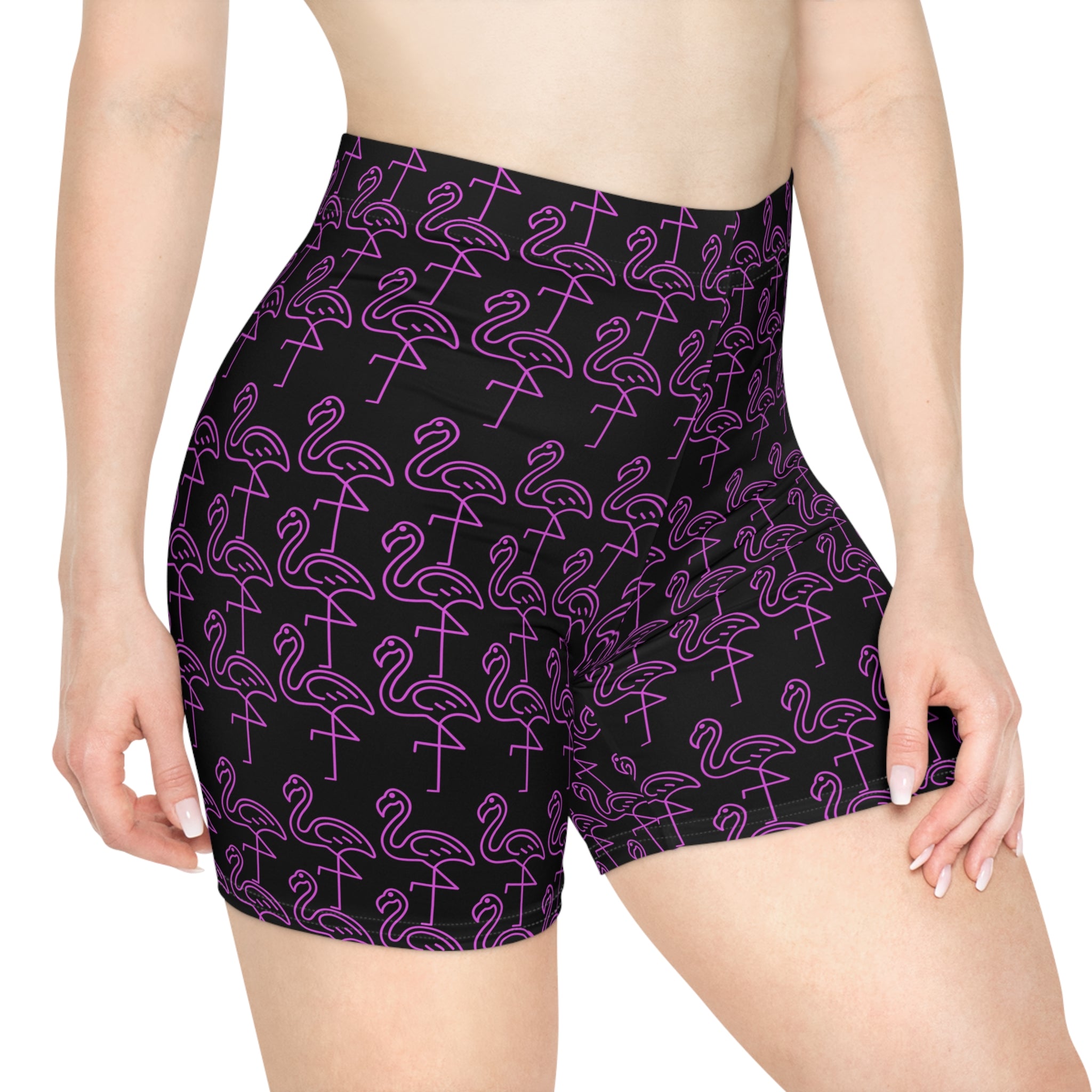 Purple Neon Flamingo Biker Shorts — Women's Patterned Activewear