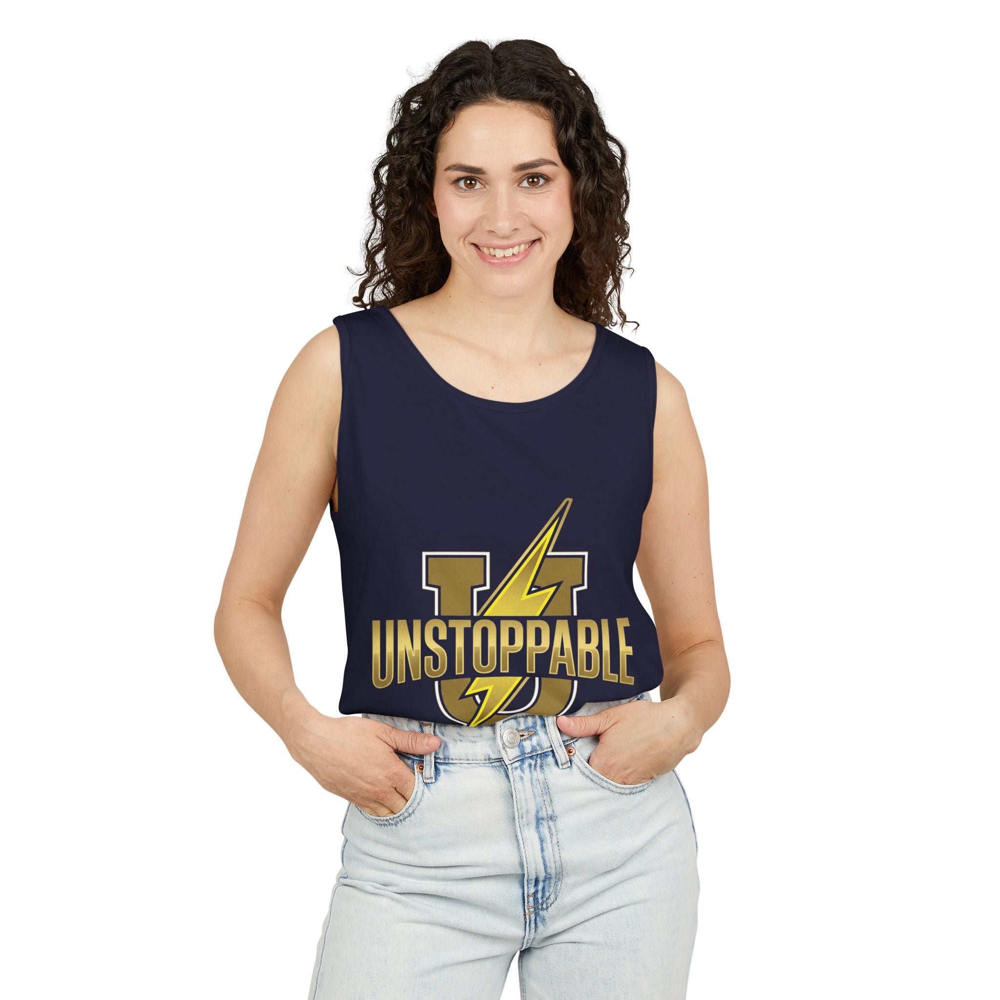 Unstoppable Lightning Tank Top — Gold 'UNSTOPPABLE' Garment-Dyed Tank