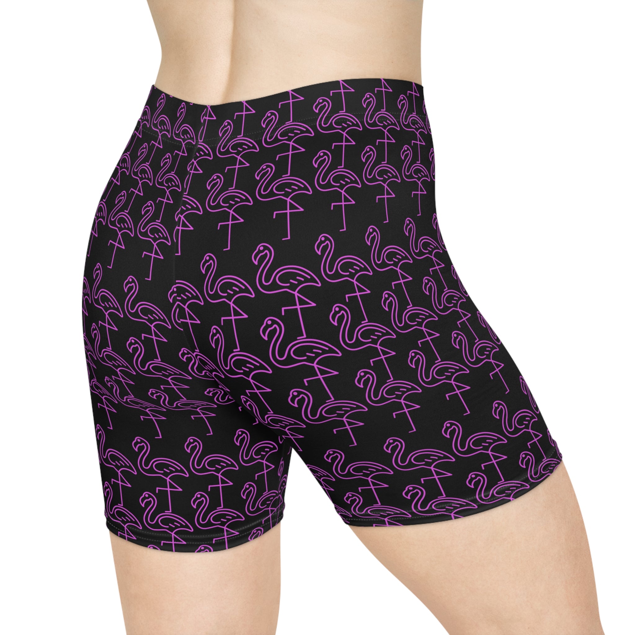 Purple Neon Flamingo Biker Shorts — Women's Patterned Activewear
