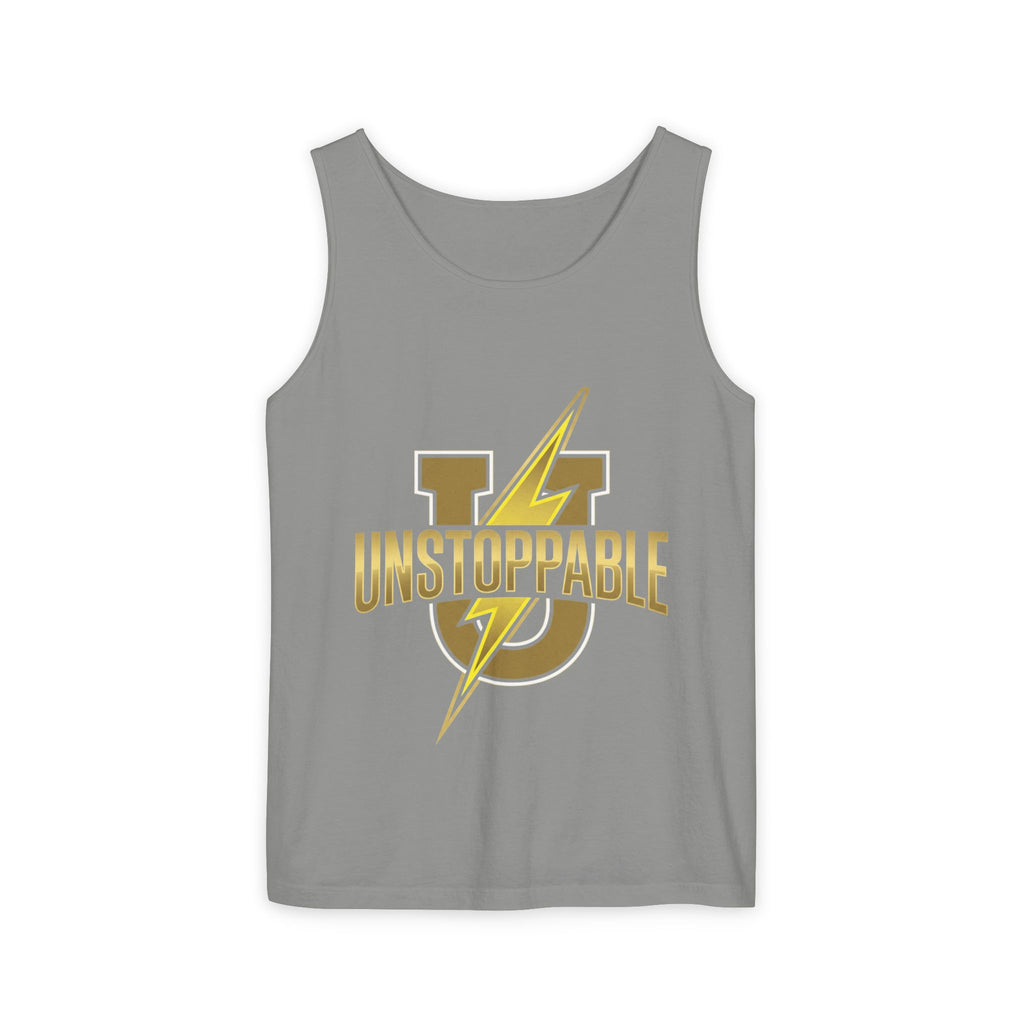 Unstoppable Lightning Tank Top — Gold 'UNSTOPPABLE' Garment-Dyed Tank