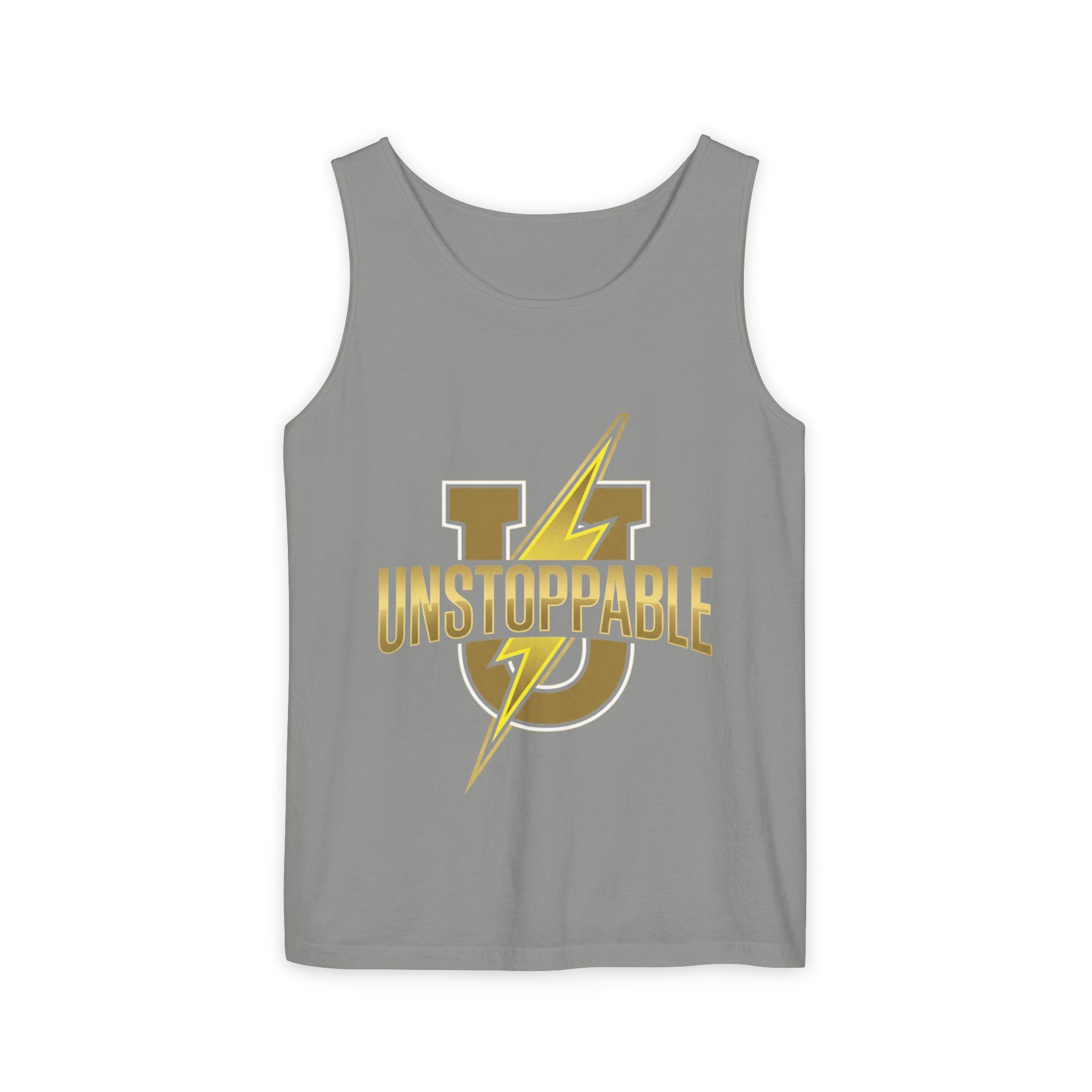 Unstoppable Lightning Tank Top — Gold 'UNSTOPPABLE' Garment-Dyed Tank