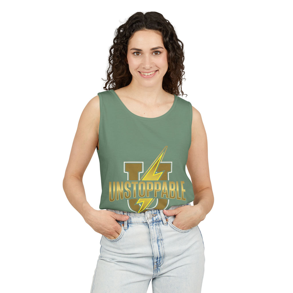 Unstoppable Lightning Tank Top — Gold 'UNSTOPPABLE' Garment-Dyed Tank