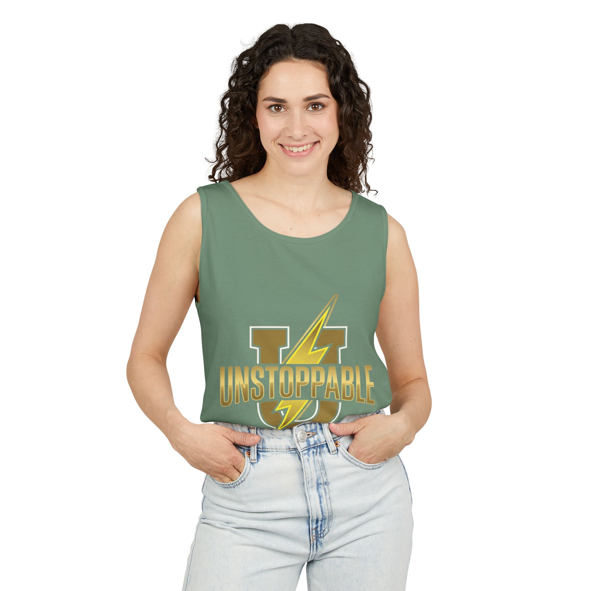 Unstoppable Lightning Tank Top — Gold 'UNSTOPPABLE' Garment-Dyed Tank