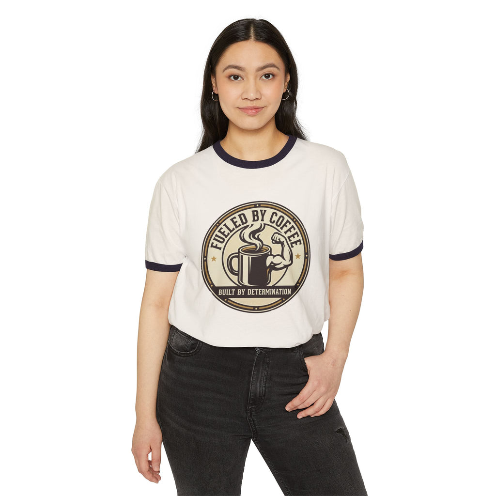 Ringer T-Shirt — "Fueled by Coffee, Built by Determination" Vintage Coffee Tee