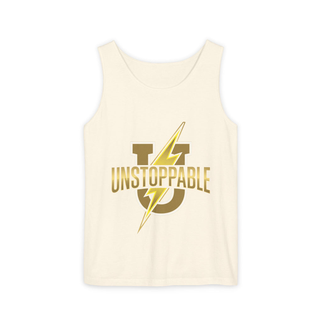 Unstoppable Lightning Tank Top — Gold 'UNSTOPPABLE' Garment-Dyed Tank
