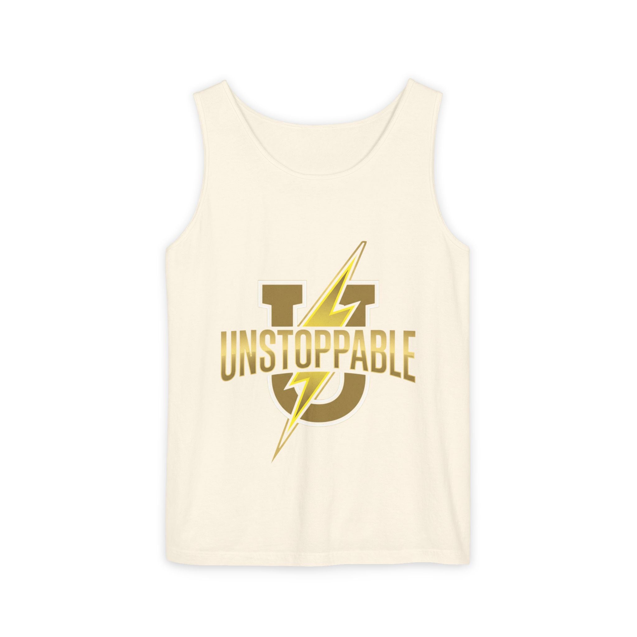 Unstoppable Lightning Tank Top — Gold 'UNSTOPPABLE' Garment-Dyed Tank
