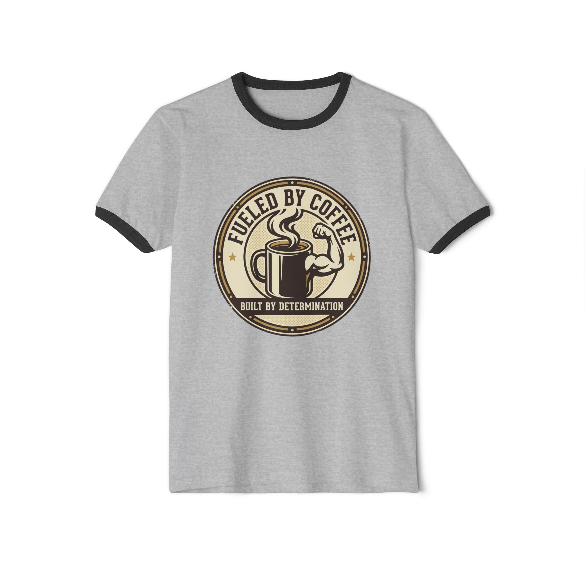 Ringer T-Shirt — "Fueled by Coffee, Built by Determination" Vintage Coffee Tee