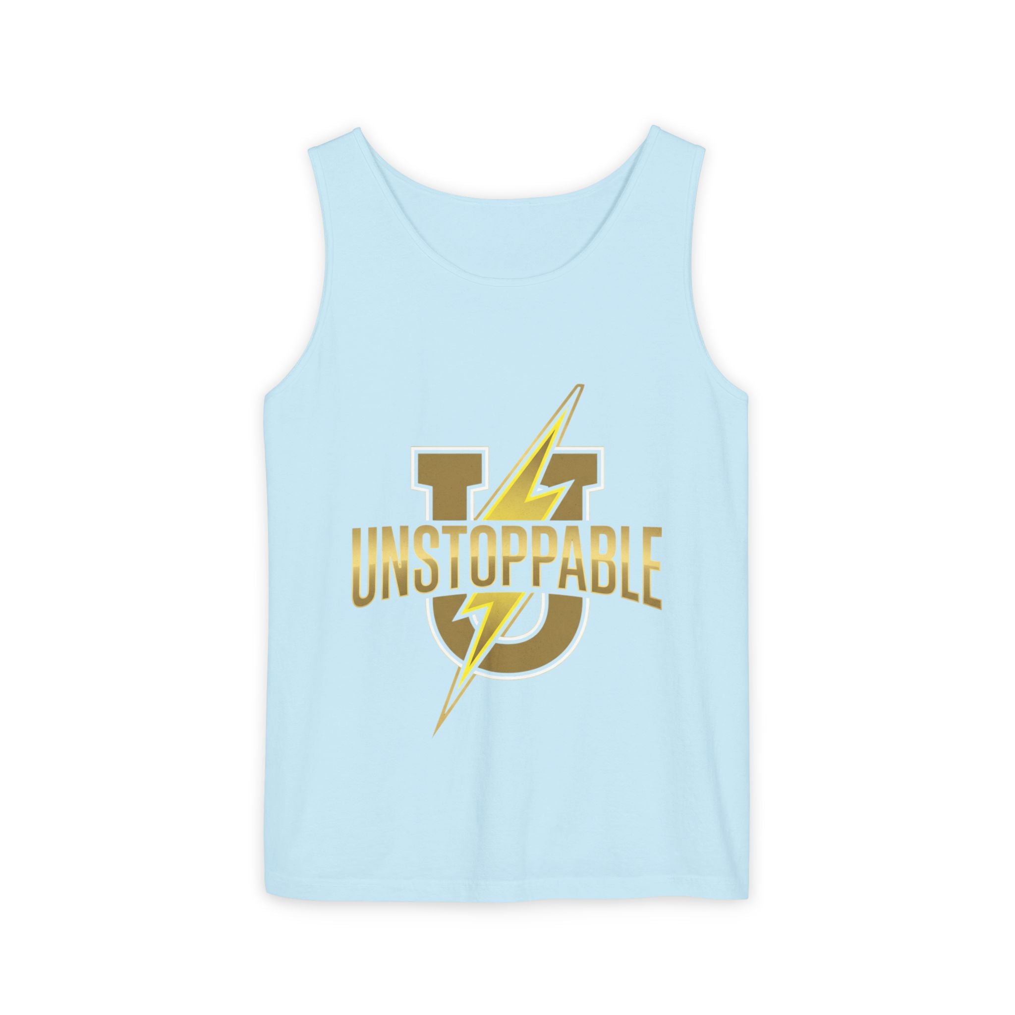 Unstoppable Lightning Tank Top — Gold 'UNSTOPPABLE' Garment-Dyed Tank
