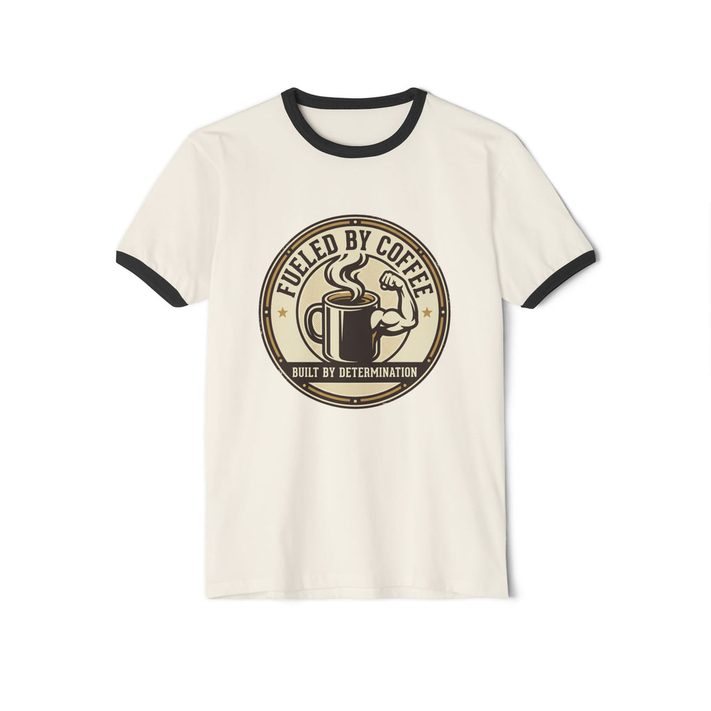 Ringer T-Shirt — "Fueled by Coffee, Built by Determination" Vintage Coffee Tee