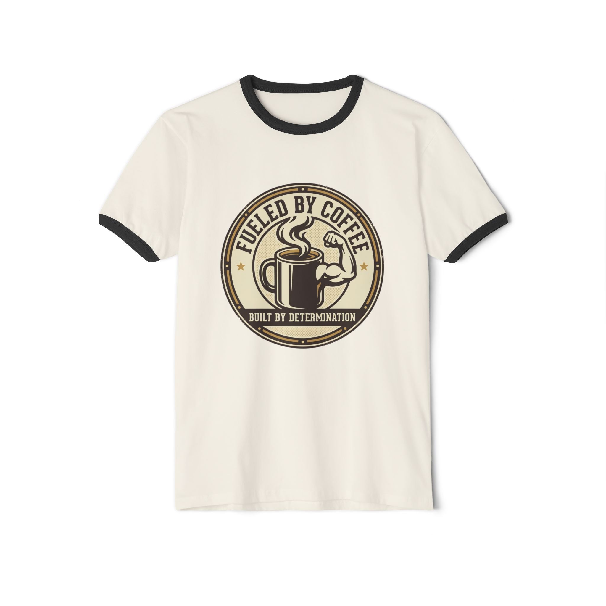 Ringer T-Shirt — "Fueled by Coffee, Built by Determination" Vintage Coffee Tee