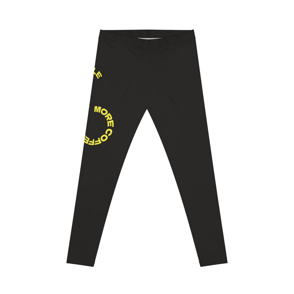 Coffee Hustle Leggings — Women's Black Casual Activewear with Yellow 'More Coffee, Less Hustle' Accent