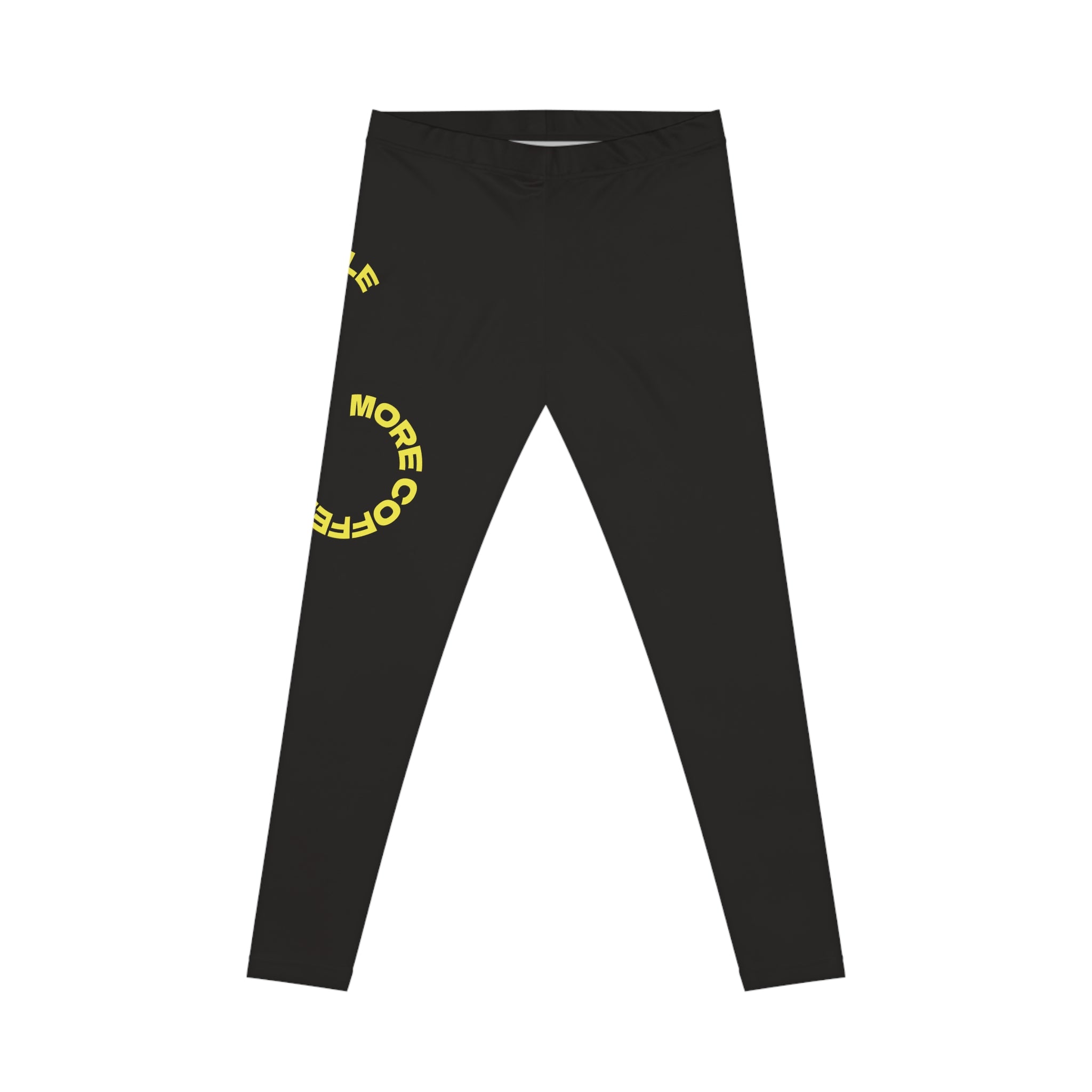 Coffee Hustle Leggings — Women's Black Casual Activewear with Yellow 'More Coffee, Less Hustle' Accent