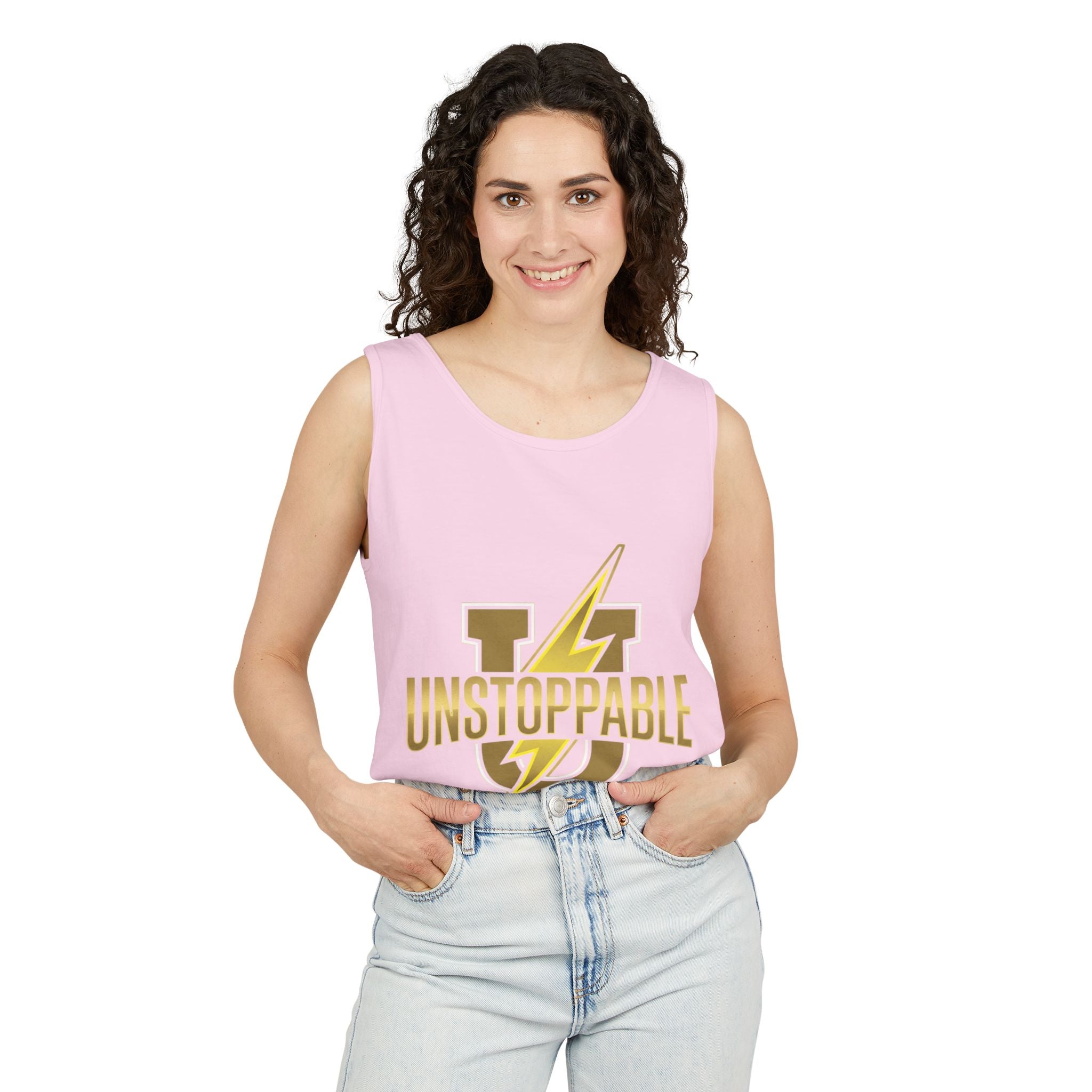 Unstoppable Lightning Tank Top — Gold 'UNSTOPPABLE' Garment-Dyed Tank