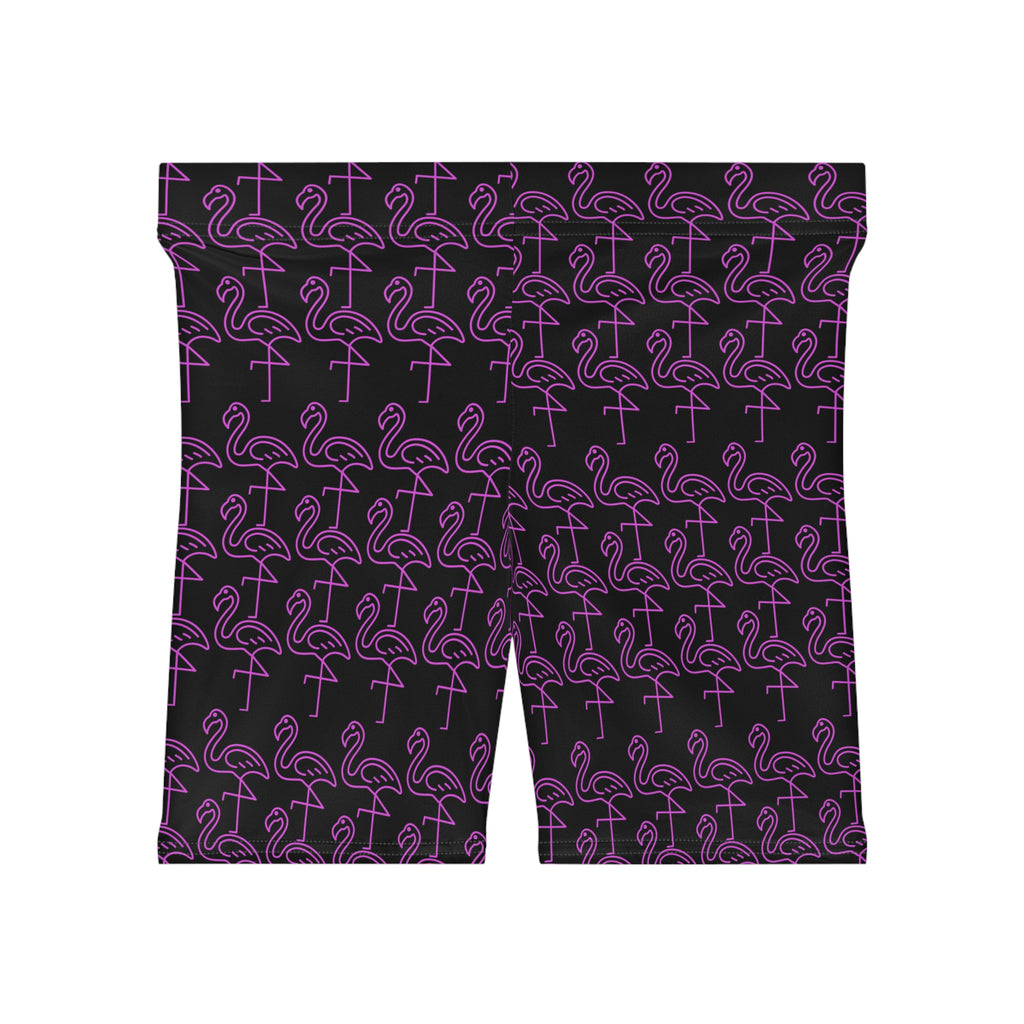 Purple Neon Flamingo Biker Shorts — Women's Patterned Activewear