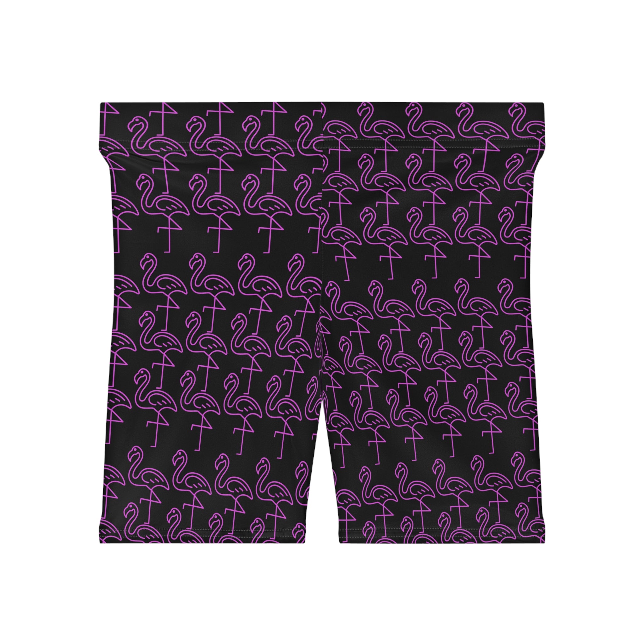 Purple Neon Flamingo Biker Shorts — Women's Patterned Activewear