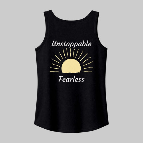 A black sleeveless tank top with a graphic on the front featuring a yellow rising sun and the words 'Unstoppable Fearless' in white, shown against a plain white background.