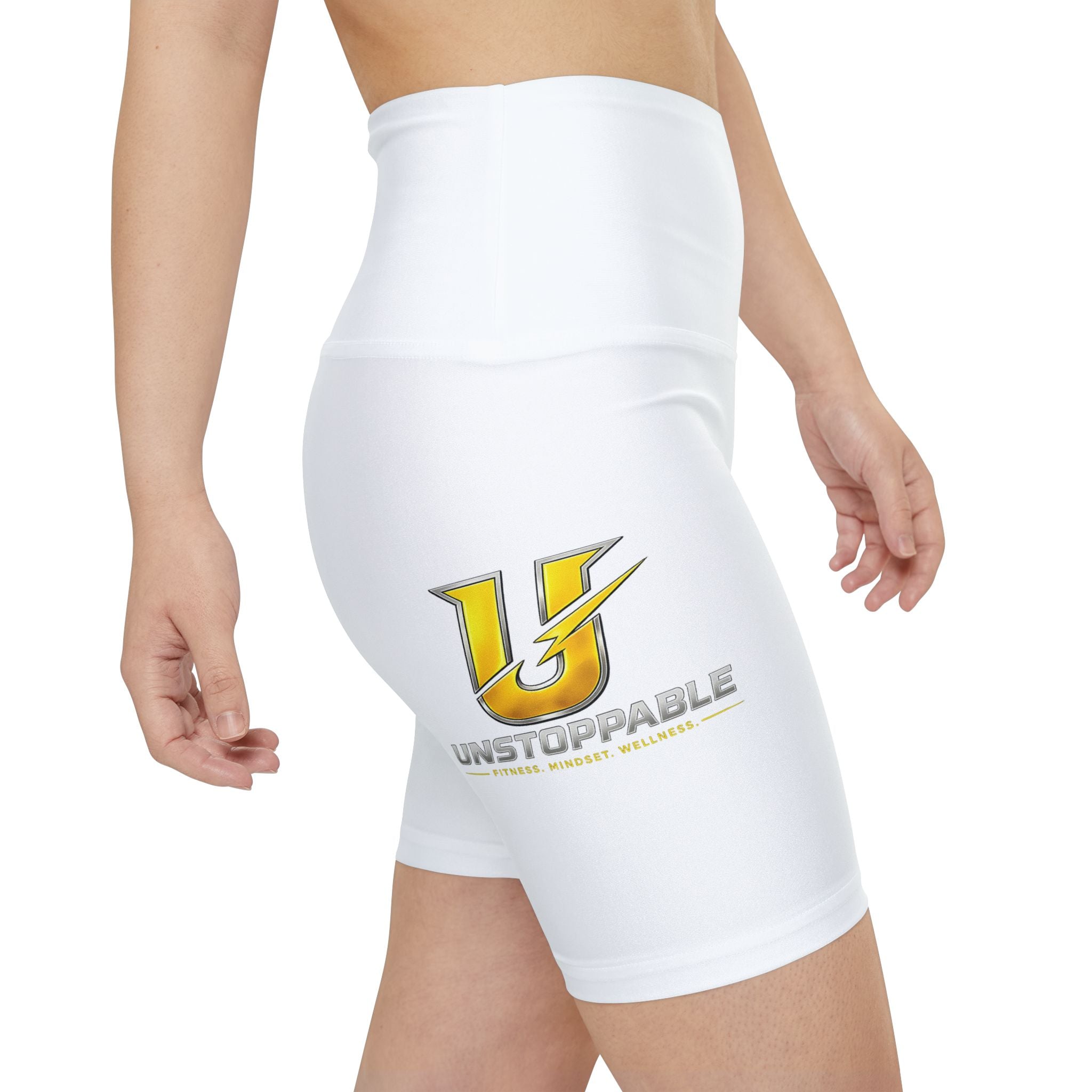 Women's Workout Shorts — White High-Waist Athletic Biker Shorts with 'Unstoppable' Accent